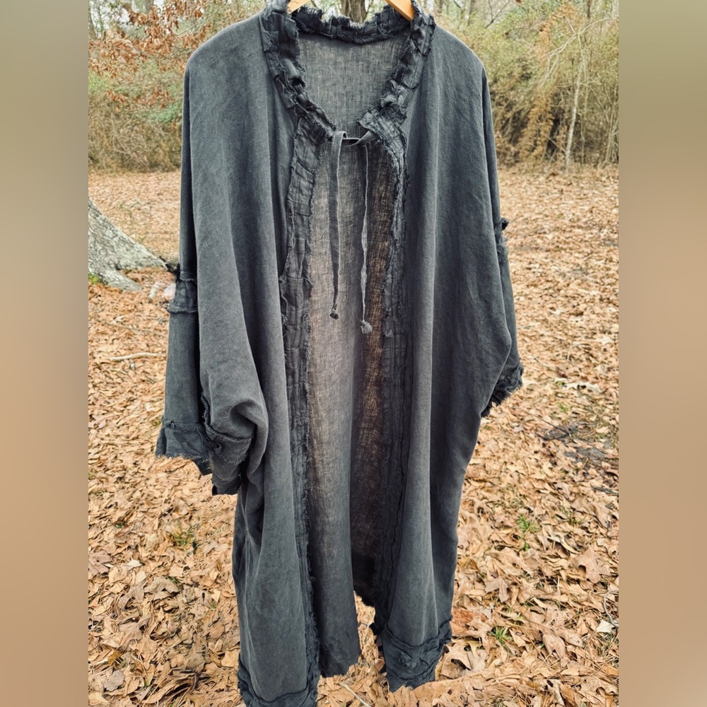 Midnight Reckoning Black Linen Duster One of One Handmade Artwear Coat Lagenlook